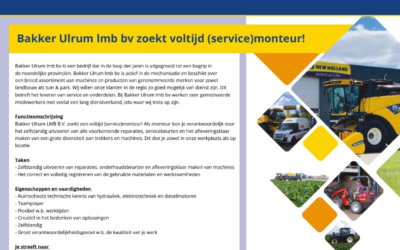 Wij zoeken een een service monteur landbouwmechanisatie !!